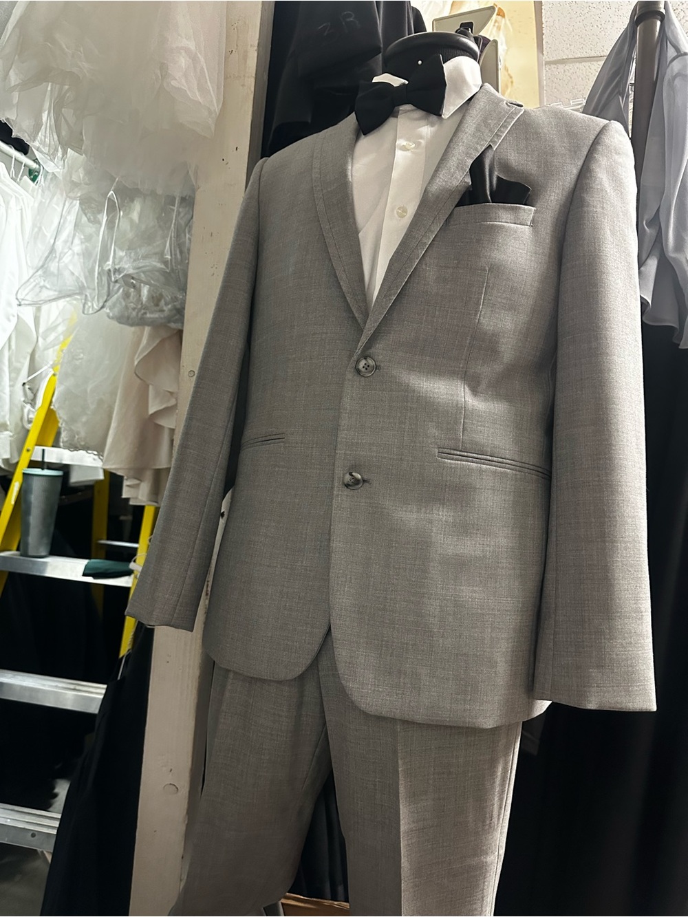 Men's Light Gray Two-Button Suit with Black Bow Tie